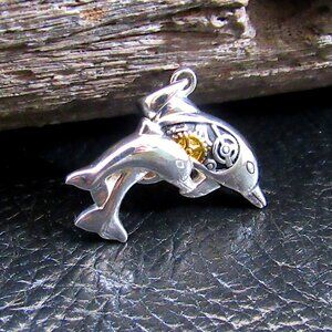 Solid 925 Sterling Silver Steampunk Dolphins Necklace Pendant, 14K Gold Accents,